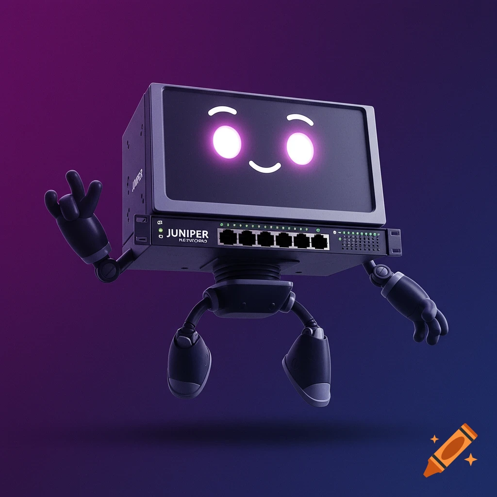 A 3D render of a cartoon-like robot made from a network switch with glowing eyes on its screen face, raising one hand in a rock symbol. Purple background.