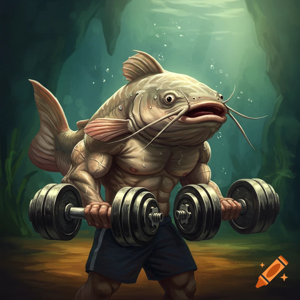 Illustration of a muscular catfish lifting weights underwater.