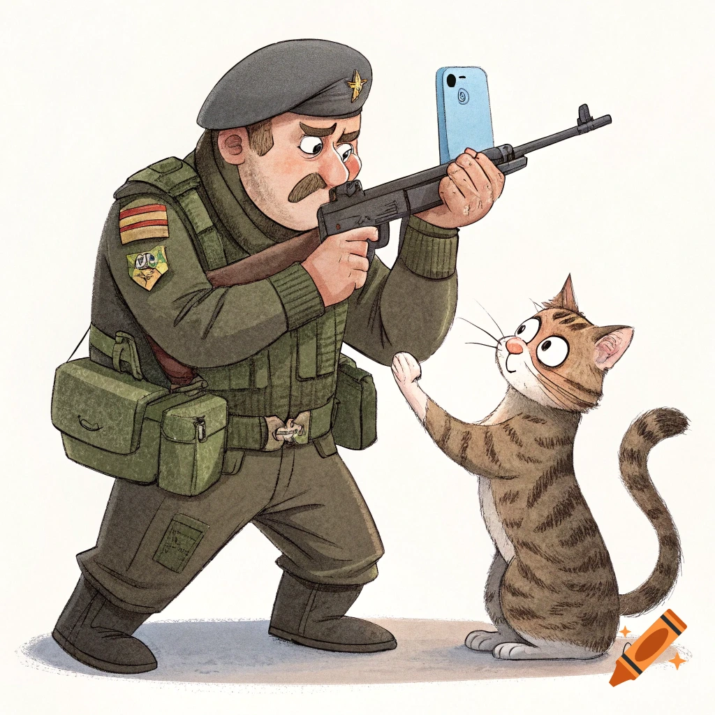 Illustration of a soldier with a phone on his rifle aiming at a cat standing.