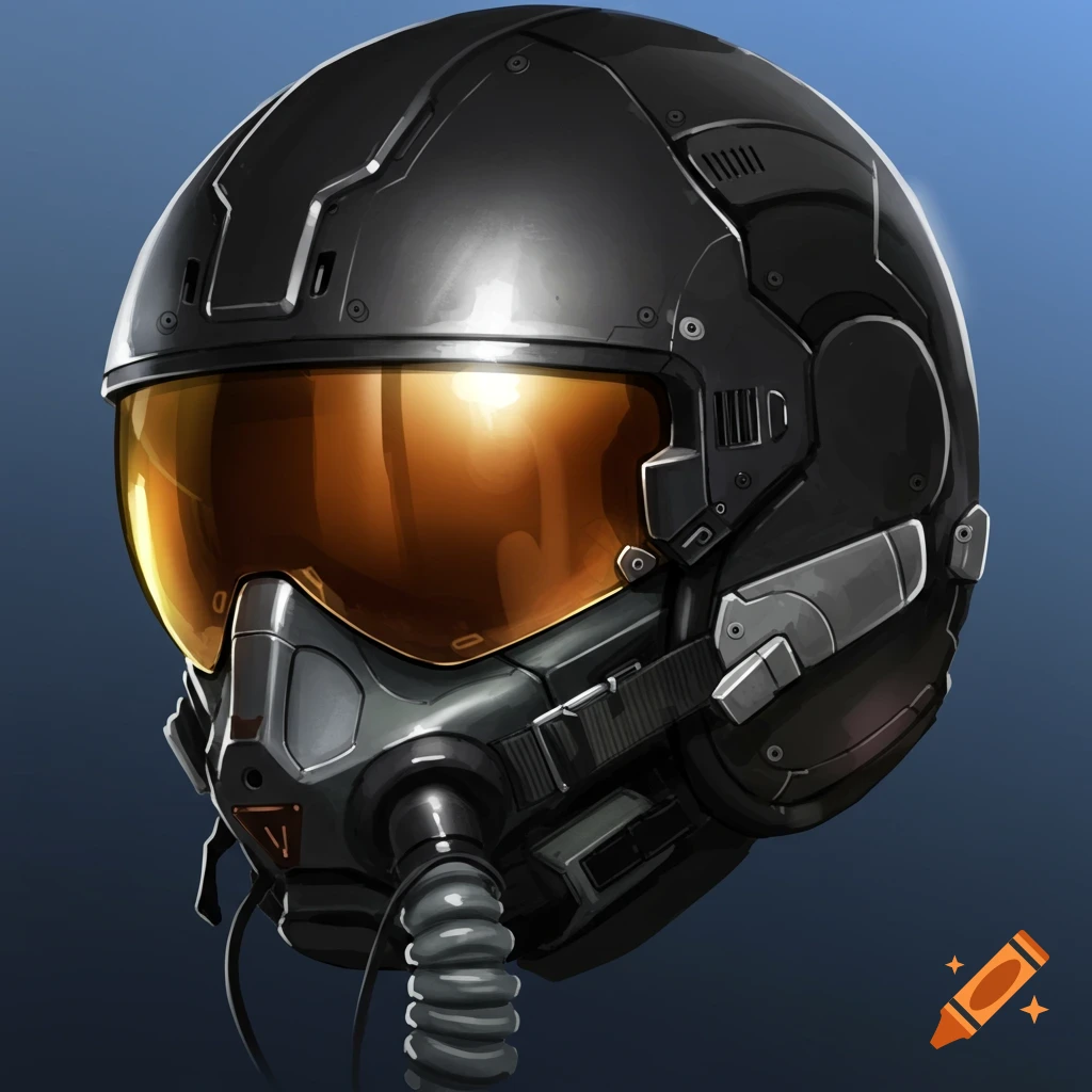 Illustration of a black fighter pilot helmet with a golden visor.