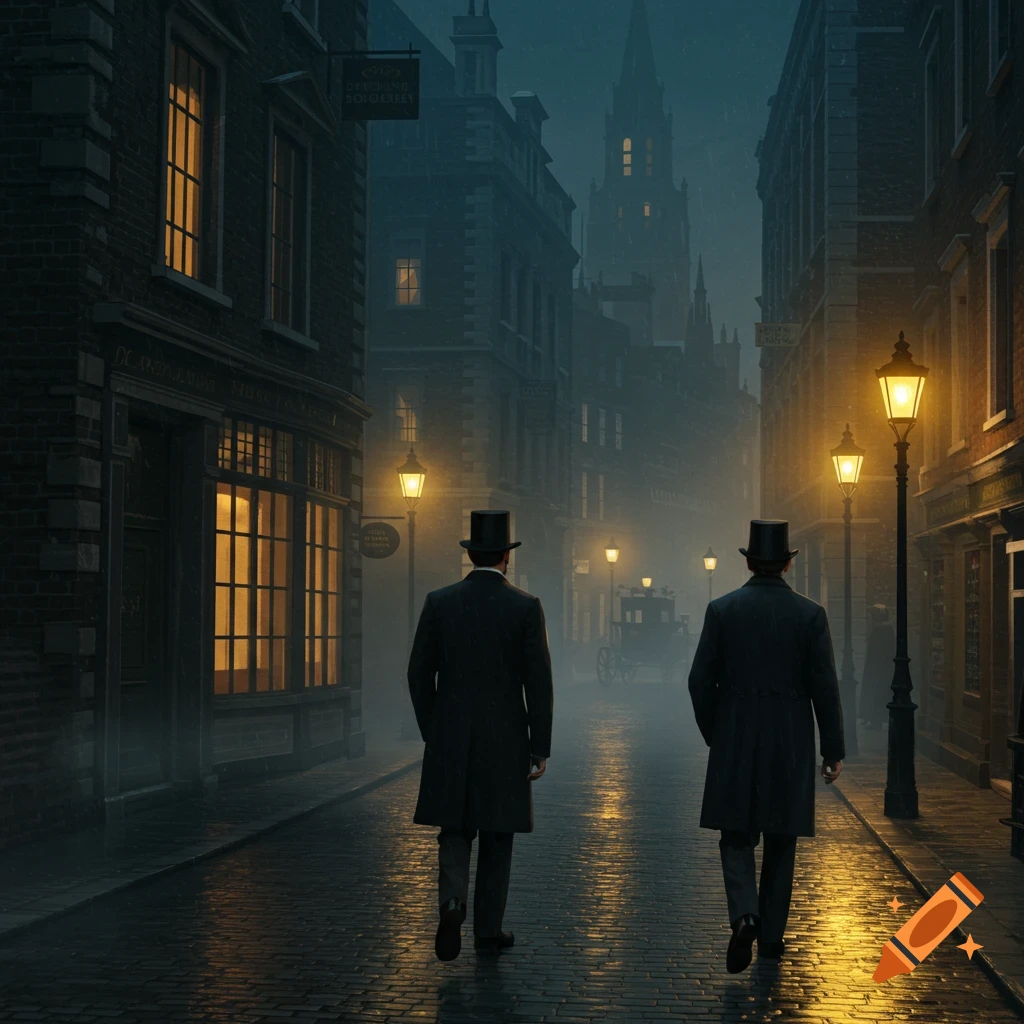 Two men in top hats walk down a foggy, gas-lit cobblestone street at night.