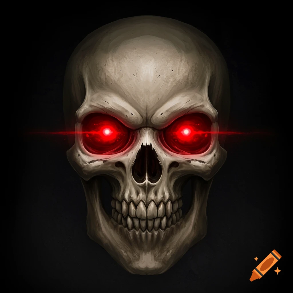 Illustration of a skull with glowing red eyes and light beams on a dark background.