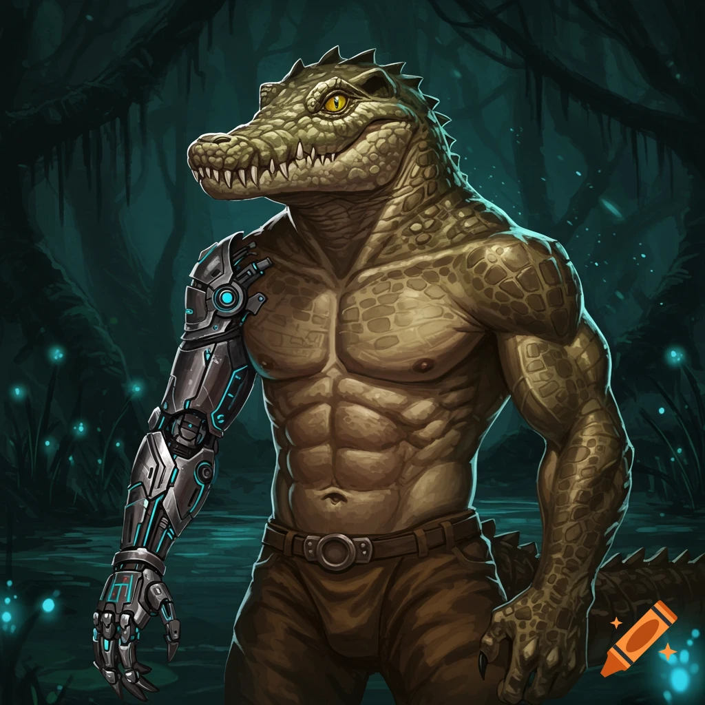 A muscular humanoid crocodile creature with a robotic arm stands in a dark, glowing swamp.