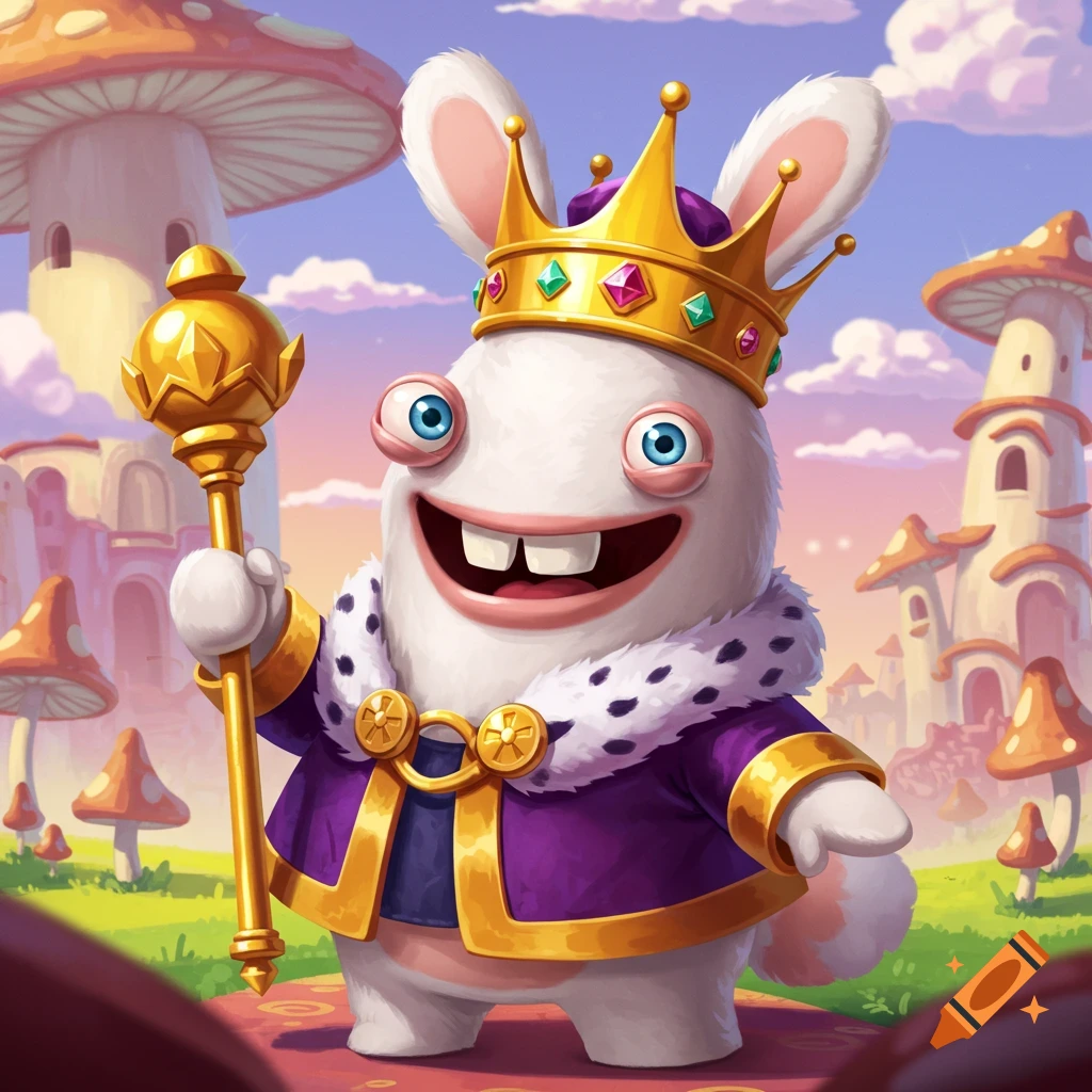 A cartoon white rabbit wearing a crown and robe holds a scepter in a fantasy mushroom world.