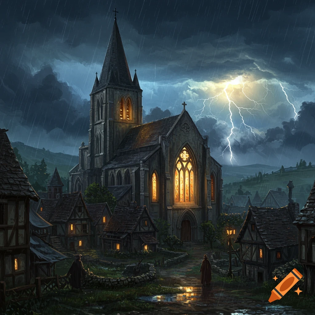 A medieval village church stands against a stormy sky with lightning.