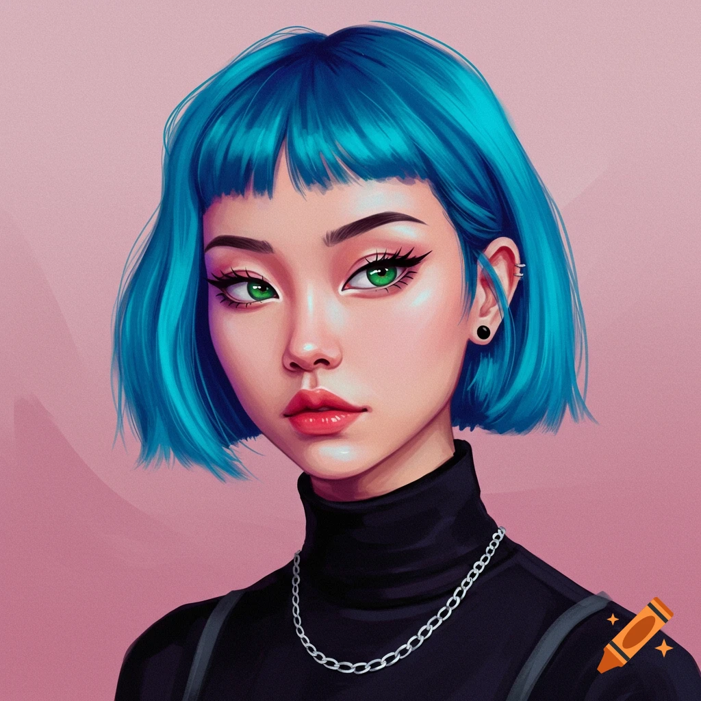 A stylized illustration of a person with short blue hair and green eyes wearing a black turtleneck.