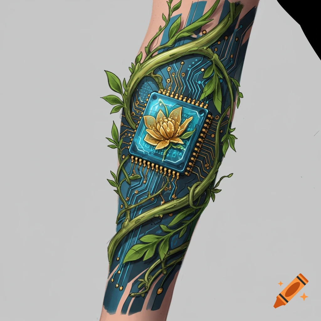 Tattoo design on an arm blending a blue circuit board with green vines and a golden flower on a chip.