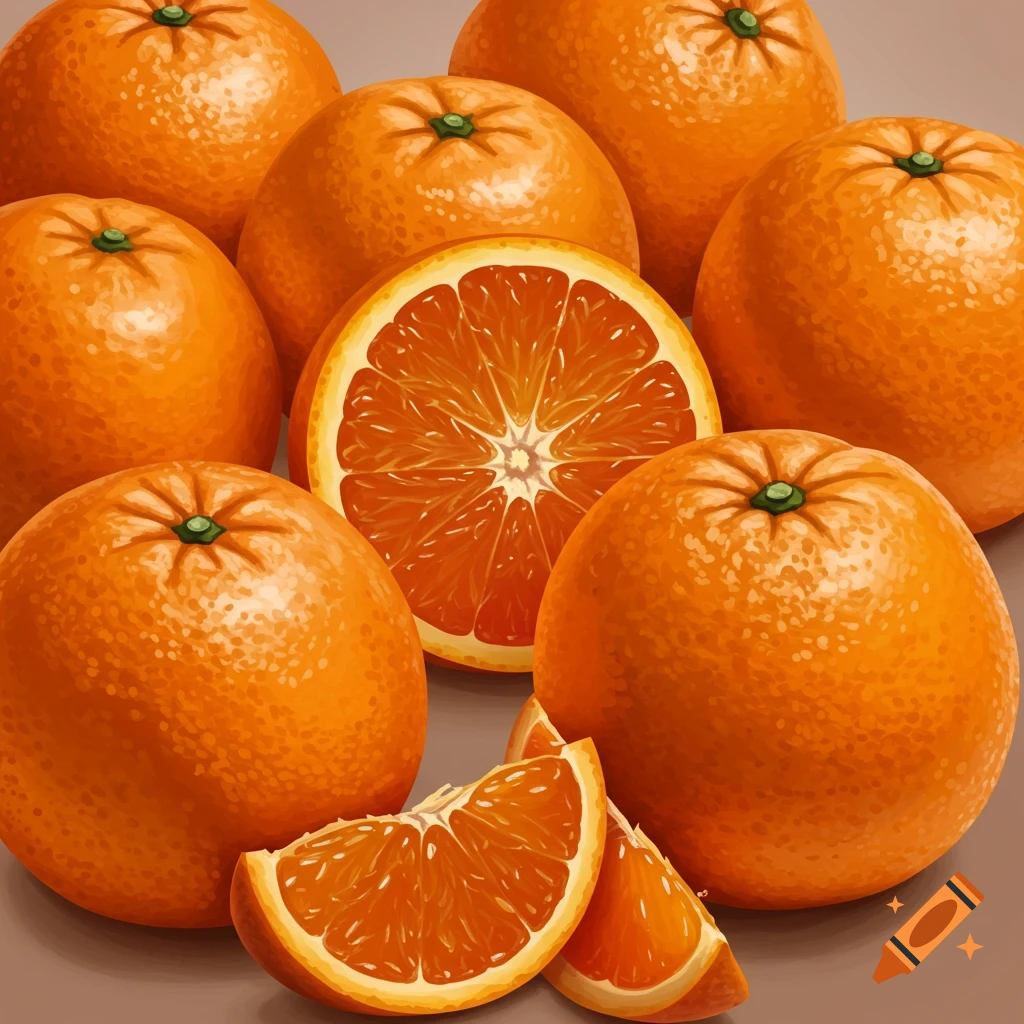 Illustration of whole and sliced oranges