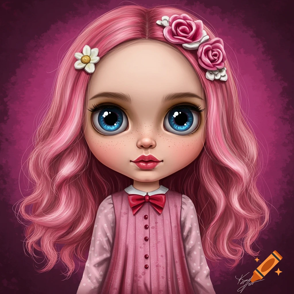Stylized portrait of a doll with pink hair and blue eyes, wearing a pink dress with a red bow tie.