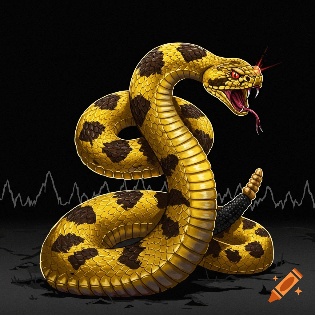 Illustration of a coiled yellow and brown spotted snake with fangs and red eyes.