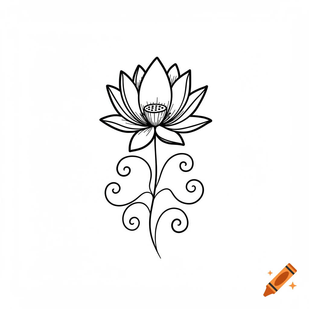 A simple black outline drawing of a lotus flower with swirling stems.