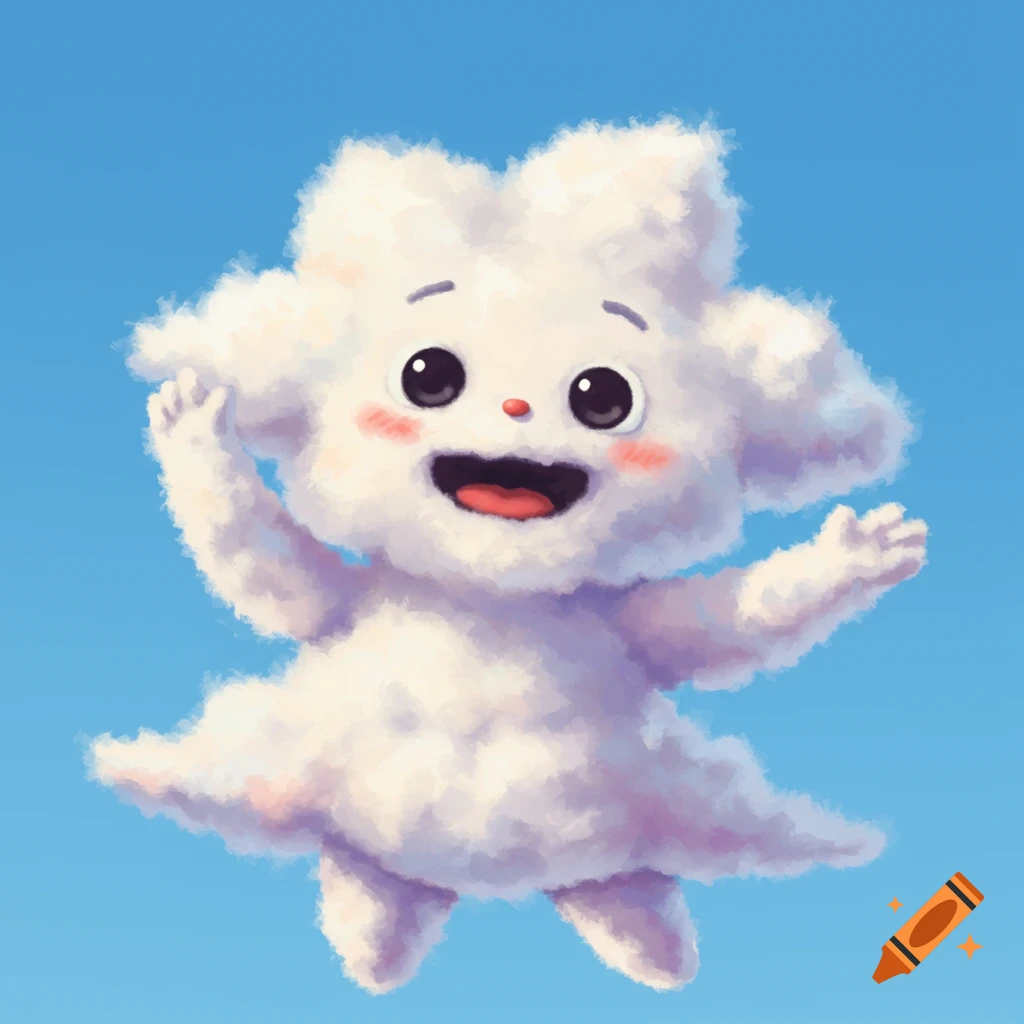 A cute, fluffy white cloud character with a smiling face and rosy cheeks floats in a blue sky.