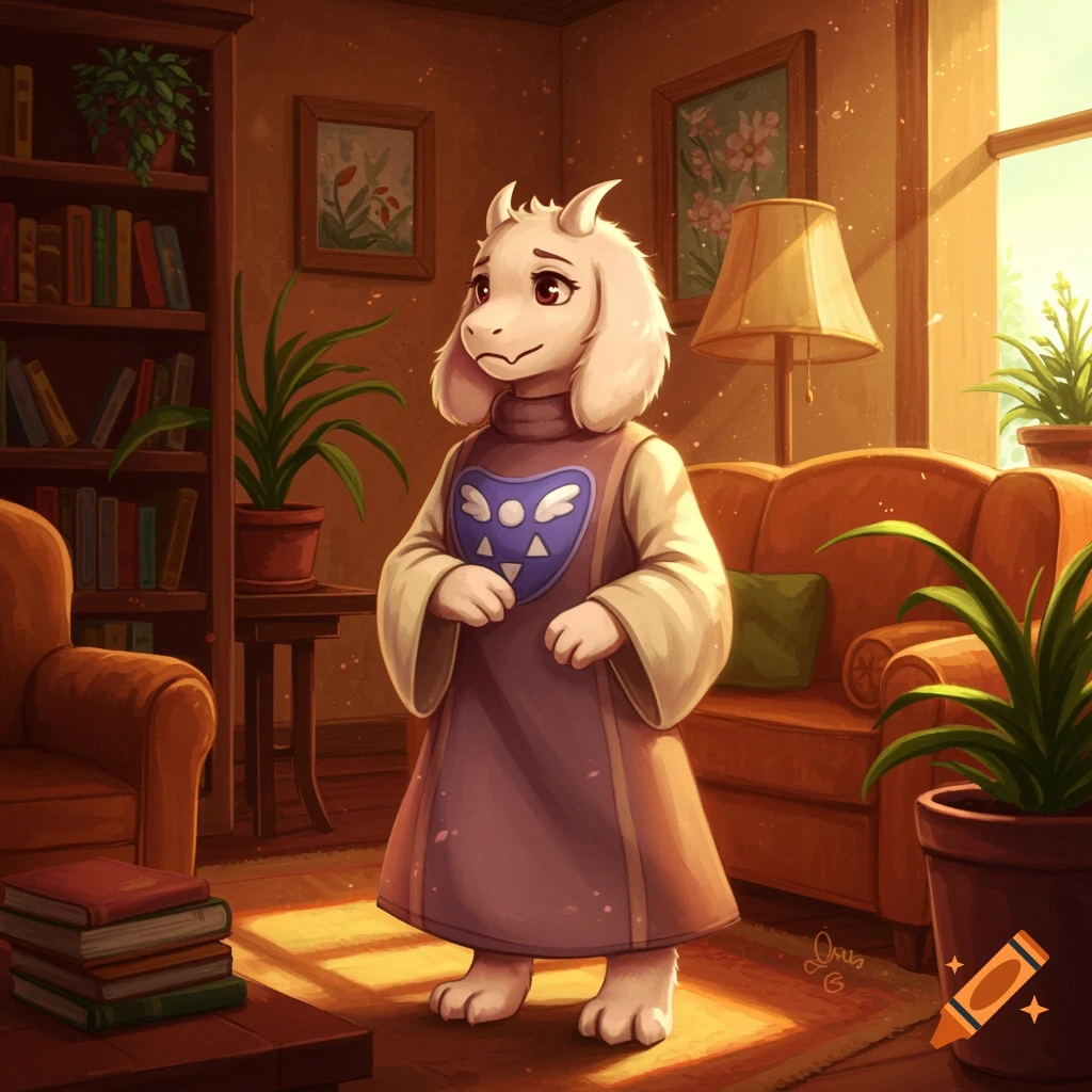 Illustration of a goat-like character, Toriel from Undertale, standing in a cozy, sunlit living room.