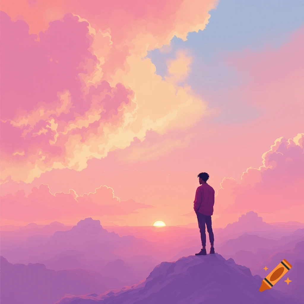 Illustrative painting of a figure standing on a mountain peak watching a pink and orange sunset over hazy mountains.
