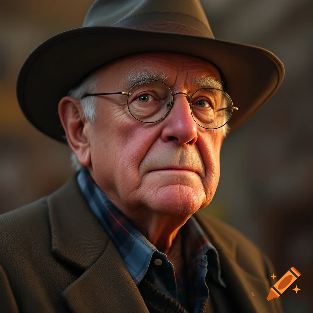 Photorealistic portrait of an older man wearing glasses and a hat.