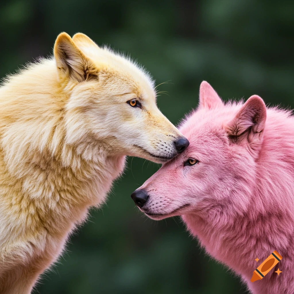 Close-up portrait of a yellow wolf and a pink wolf touching heads.