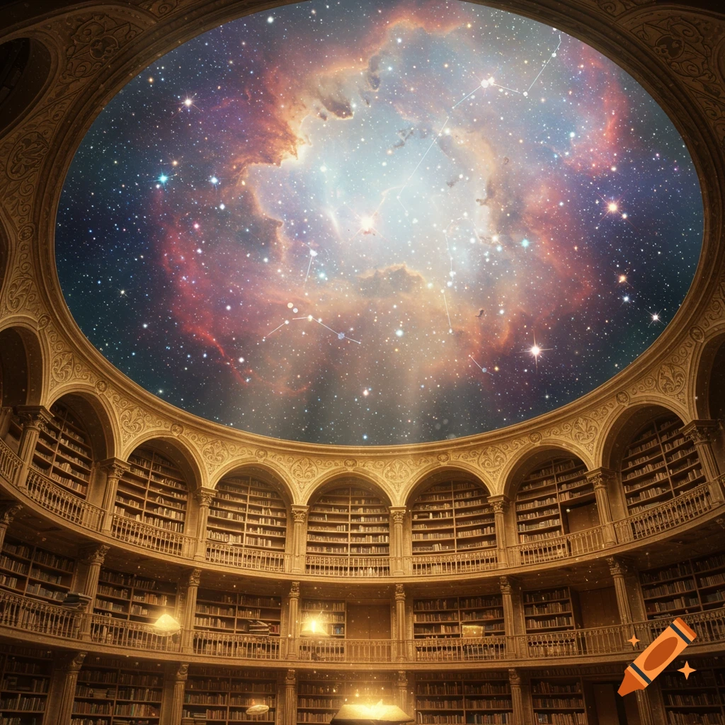 Grand circular library with a ceiling dome showing a nebula and stars.