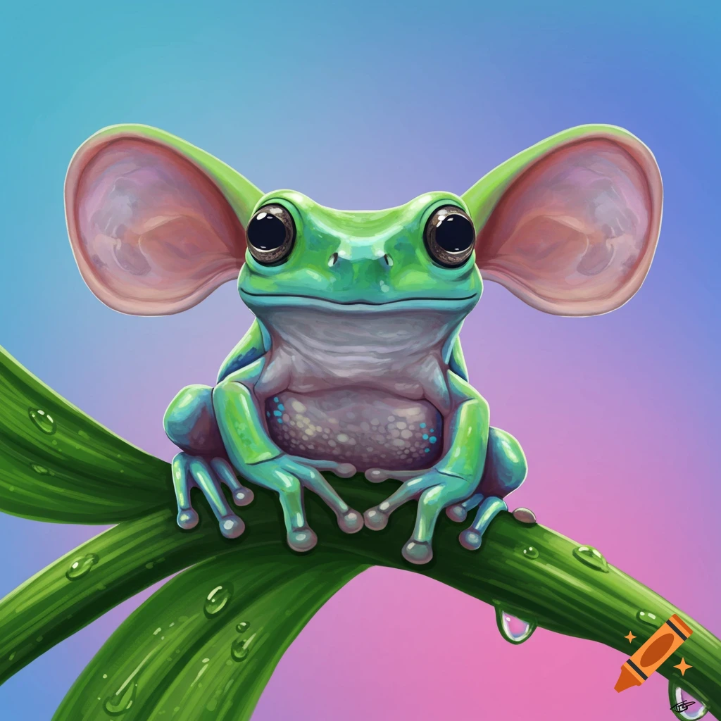 Illustration of a green treefrog with big pink ears sitting on a leaf.
