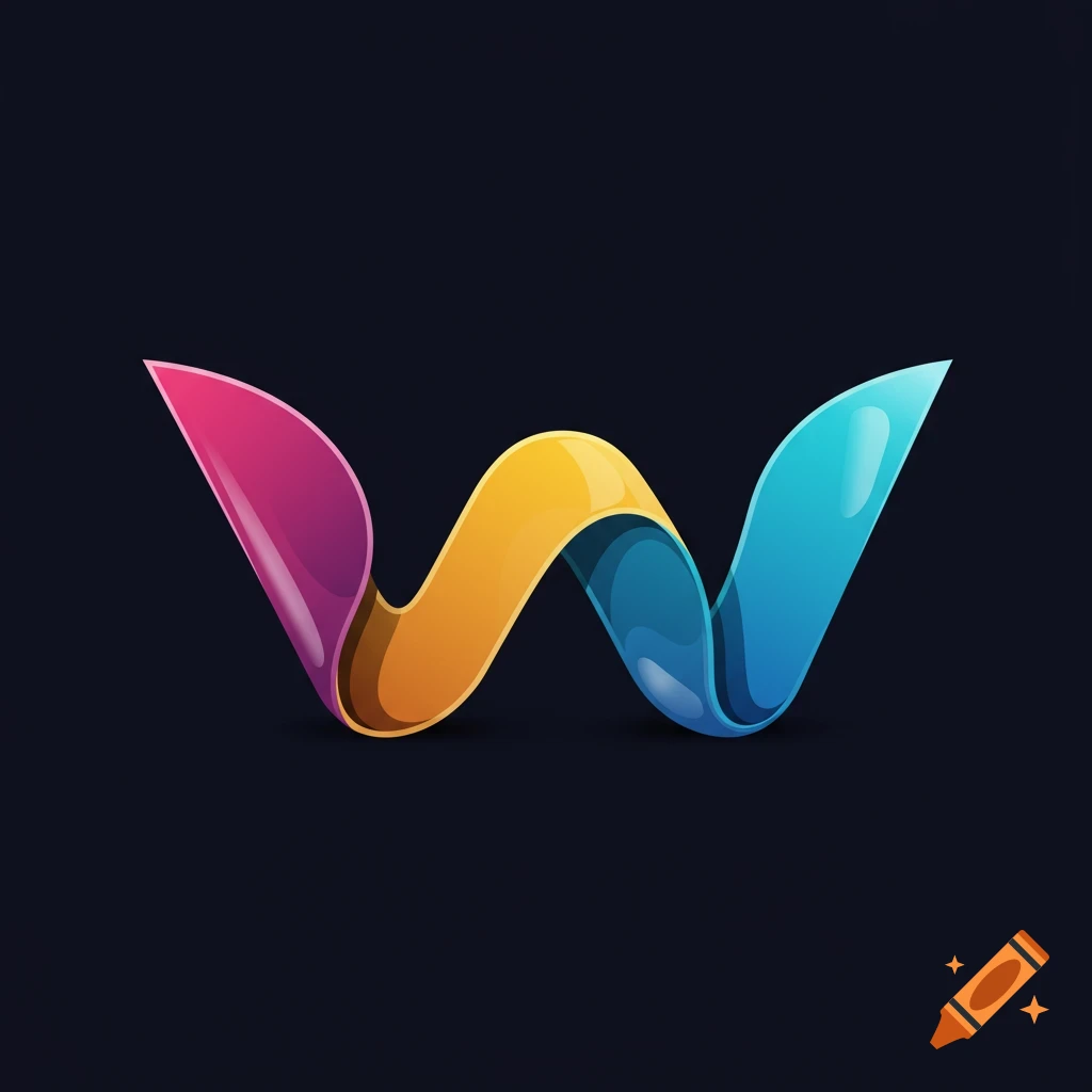 A stylized letter W in vibrant pink, yellow, and blue on a dark background.