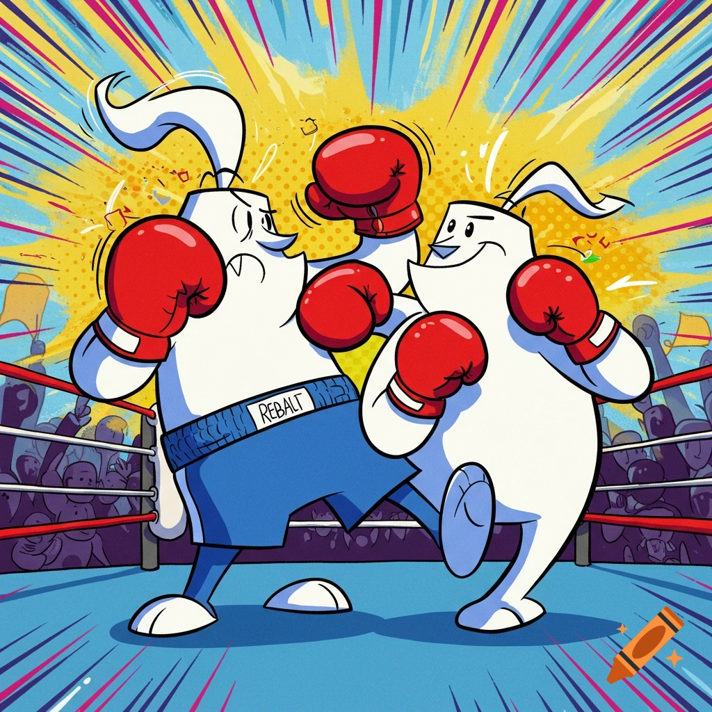 Two cartoon white characters with rabbit ears and red boxing gloves box in a ring with a crowd in a colorful, energetic style.