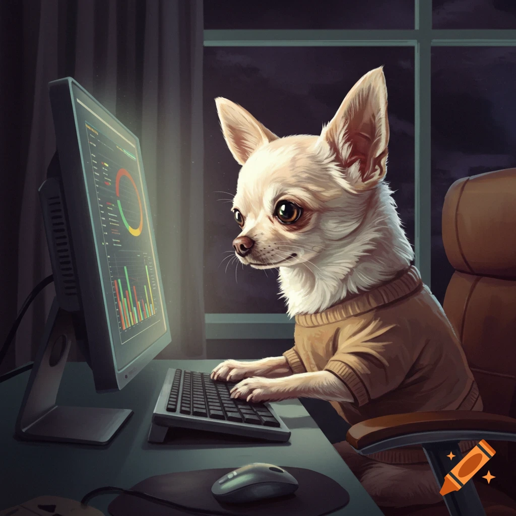 A chihuahua dog wears a sweater while typing on a keyboard and looking at a computer screen displaying charts in a dimly lit room.