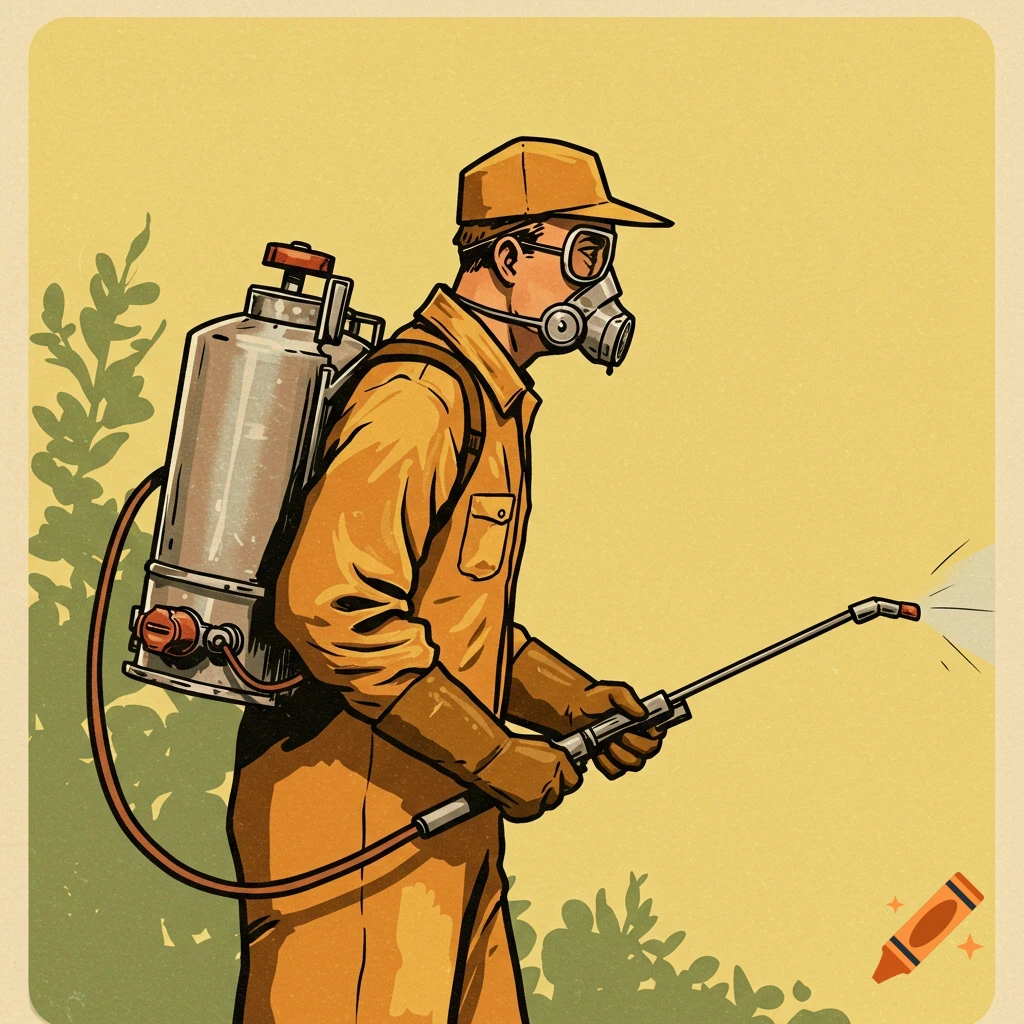 Vintage illustration of an exterminator spraying, wearing a gas mask and backpack tank.