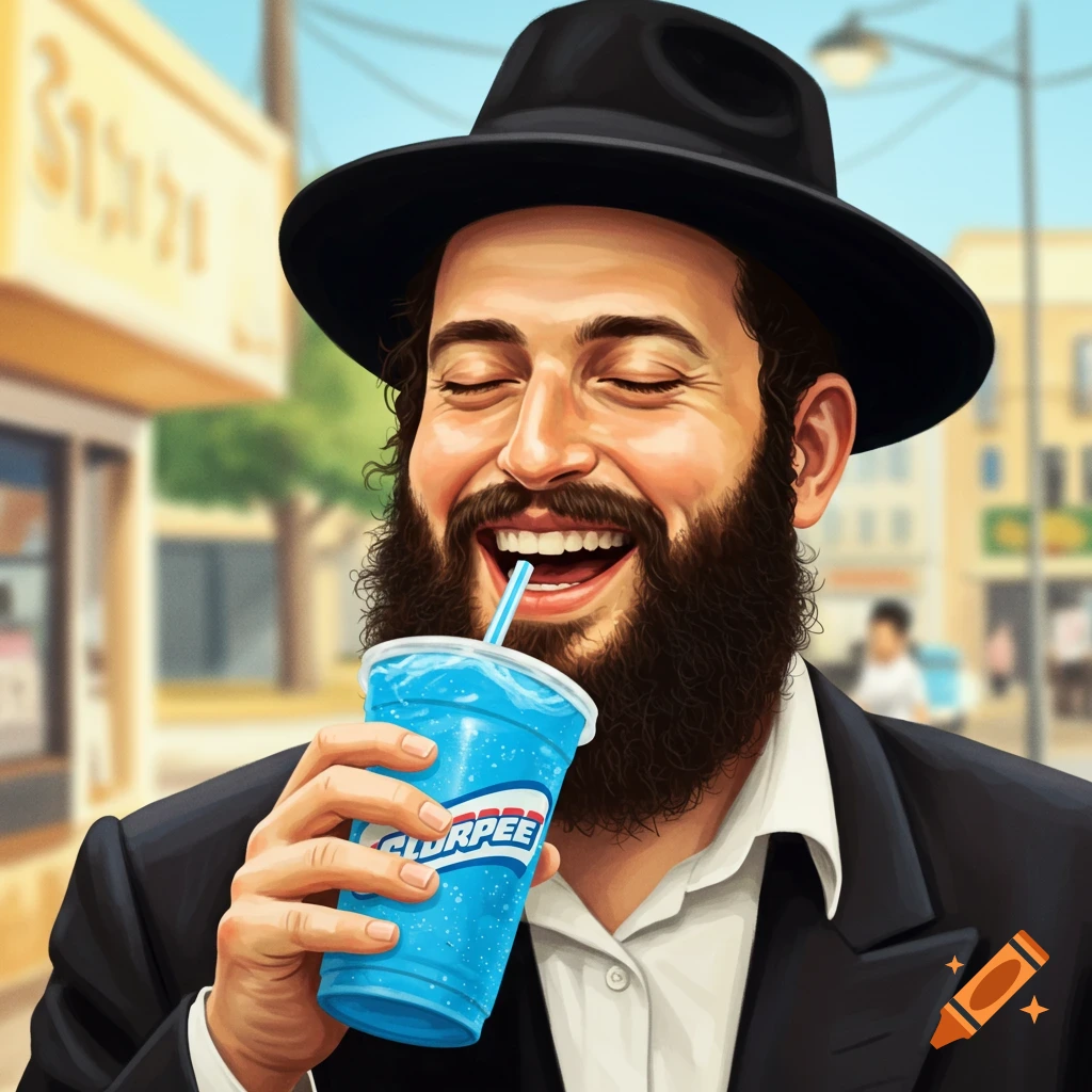 Illustration of a man with a beard and hat smiling while drinking a blue Slurpee.