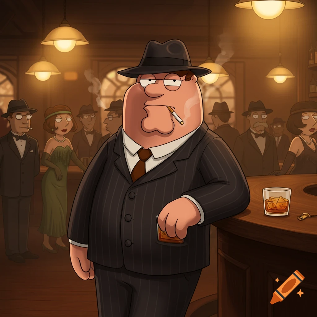 Peter Griffin in a 1920s suit and hat smoking and leaning on a bar in a speakeasy.