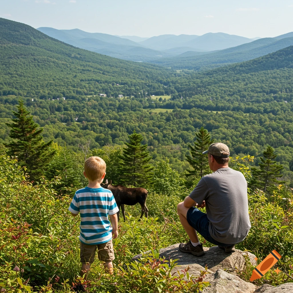 Father and son watch a moose from a rocky overlook in a mountain valley.