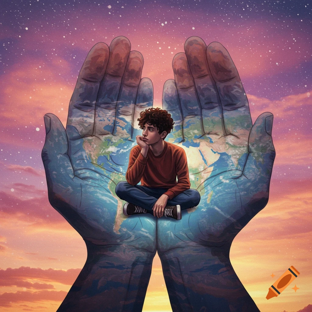 A person sits cross-legged on a map of the Earth held within two massive cupped hands, under a starry sky and sunset.