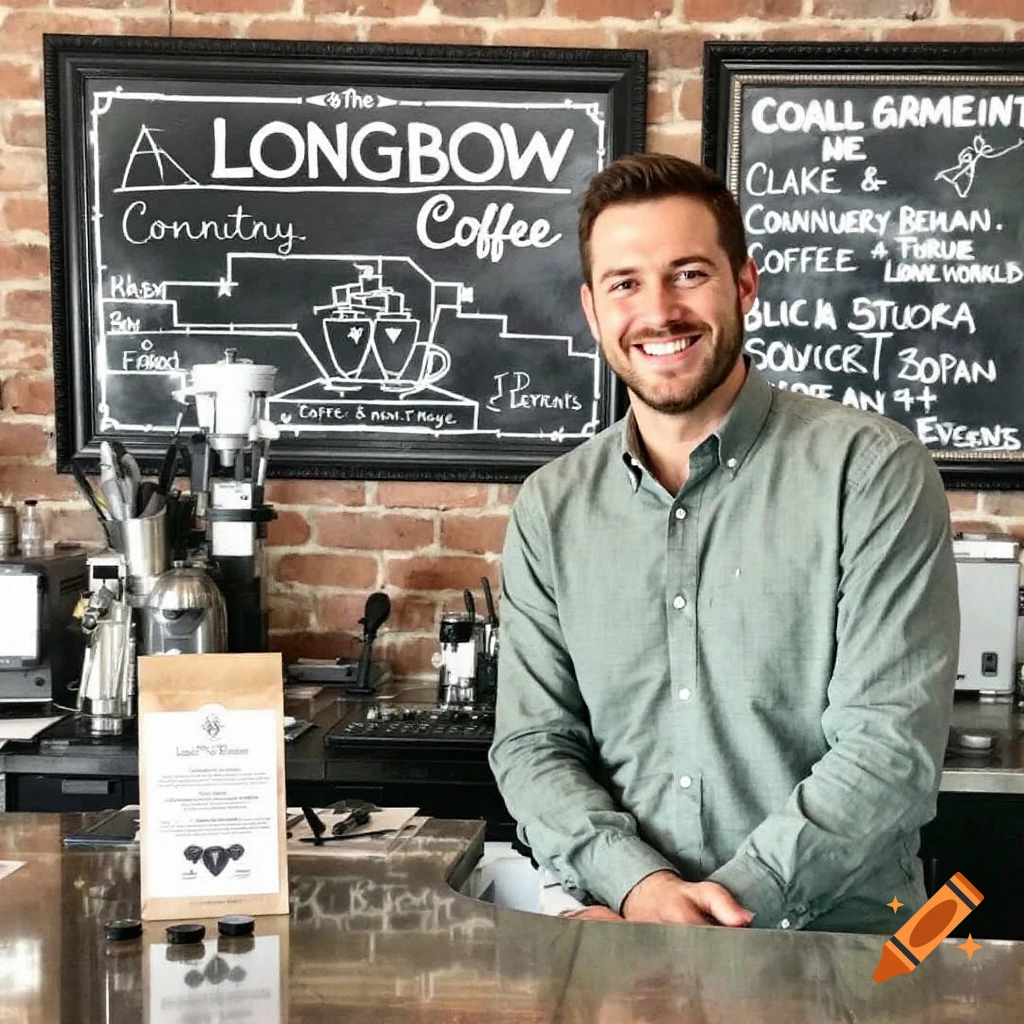 A man smiles behind the counter in a coffee shop with chalkboards behind him.
