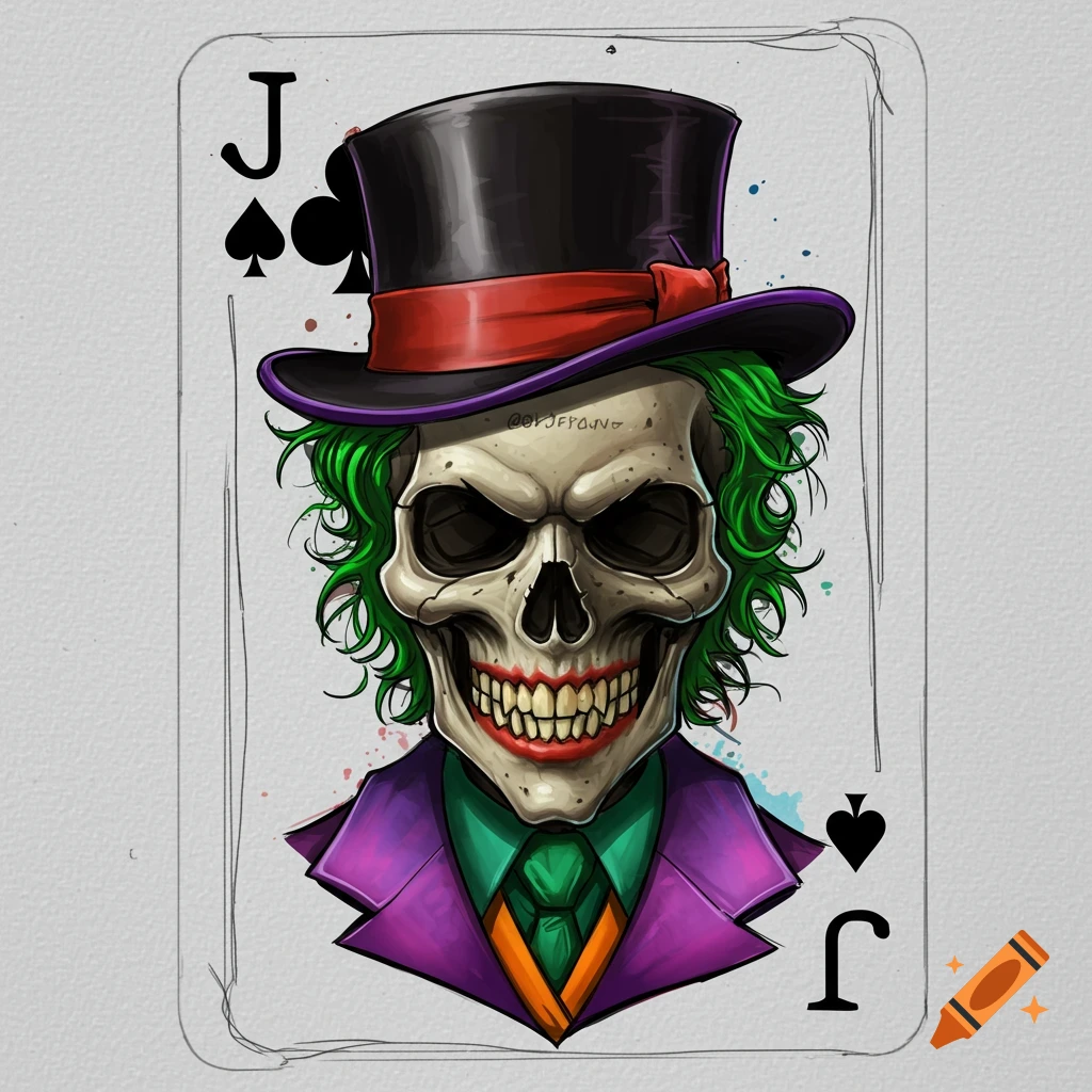 Illustration of a Jack of Spades playing card featuring a skull with green hair, top hat, and purple suit, like a joker character.