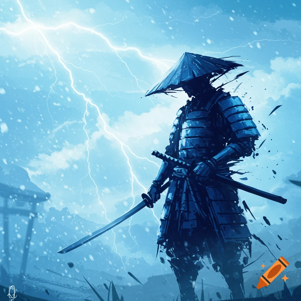 Abstract illustration of a samurai warrior in armor with swords standing in a lightning storm with a blue hue.