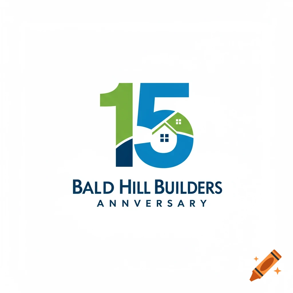 Logo with the number 15 integrated with a house icon and text "Bald Hill Builders Anniversary" in green and blue.