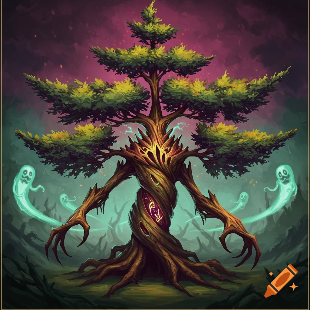 A monstrous, twisted tree creature with glowing eyes and clawed arms stands in a spooky forest surrounded by floating ghosts.