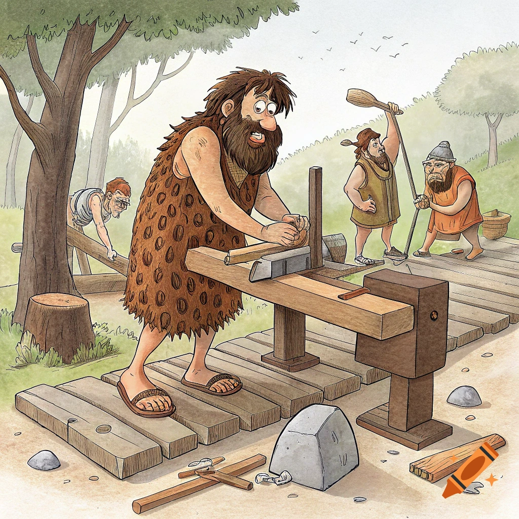 Cartoon illustration of cavemen working on a woodworking press line.