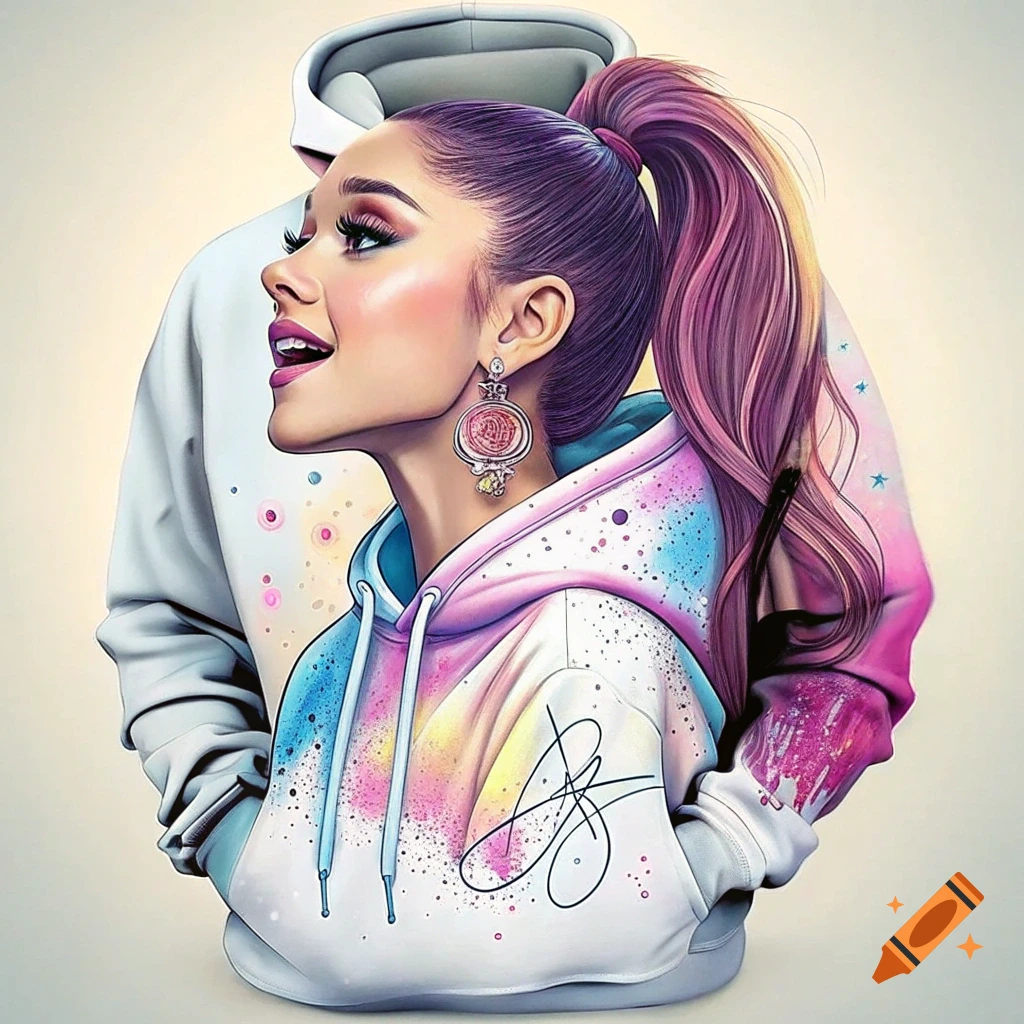 Stylized portrait of a woman resembling Ariana Grande in a colorful splattered hoodie
