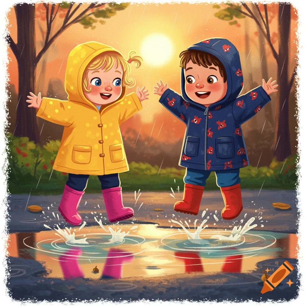 Illustration of two happy children in raincoats jumping in puddles in the rain.