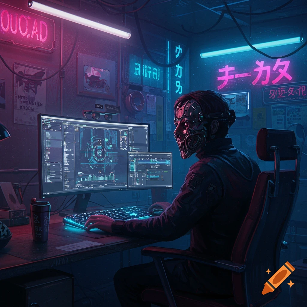Person in a mask coding on dual monitors in a neon-lit cyberpunk room, digital illustration.