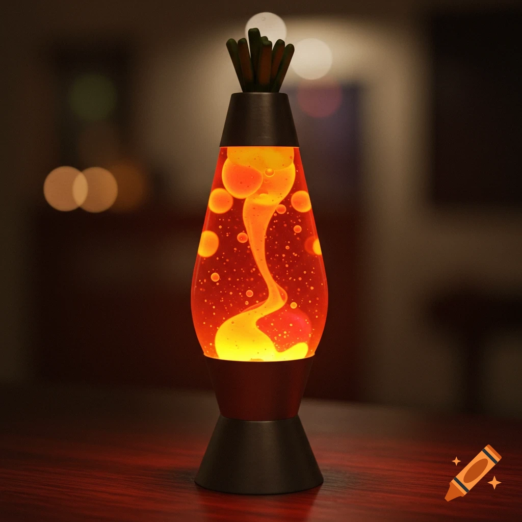 A red and yellow lava lamp sits on a table in a dim room.