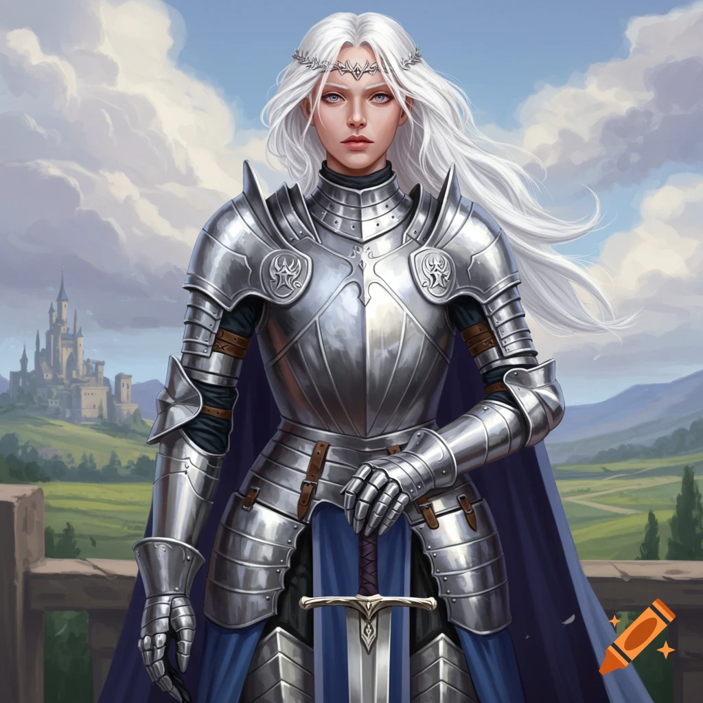 Fantasy illustration of a white-haired female knight in shining armor holding a sword, with a castle background.