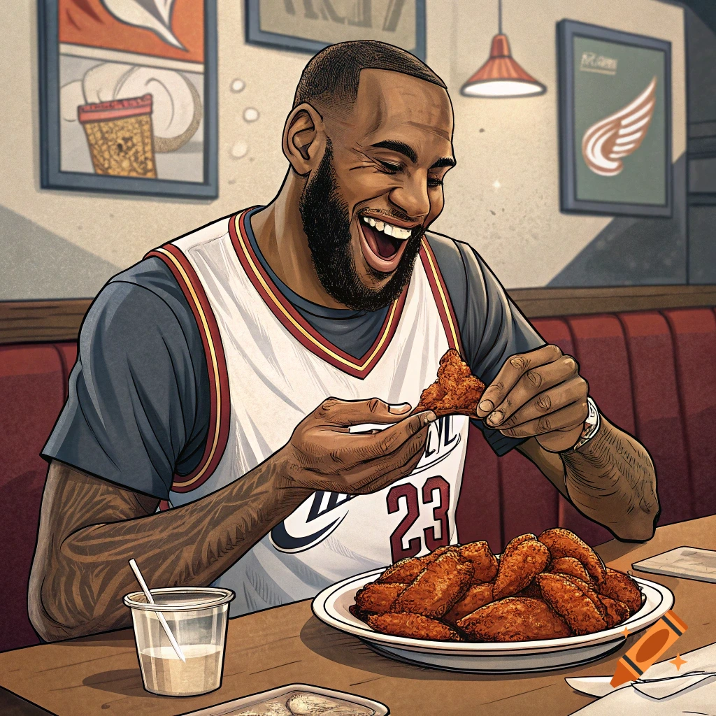 Illustration of Lebron James happily eating a plate of chicken wings