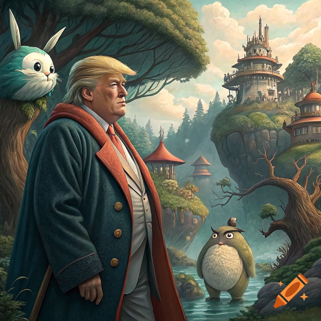 A person resembling Donald Trump stands in a fantasy landscape with a large blue rabbit and a creature like Totoro, illustrated style.