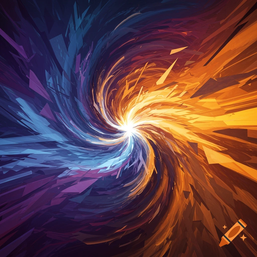 Abstract swirling burst of light splitting into contrasting blue and orange geometric shapes.