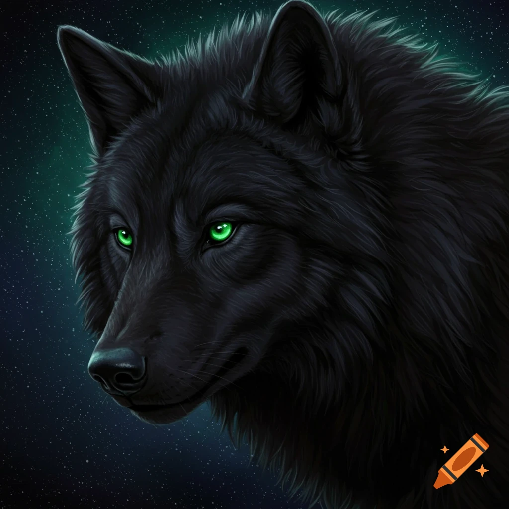 A close-up digital illustration of a black wolf with glowing green eyes against a starry night sky.