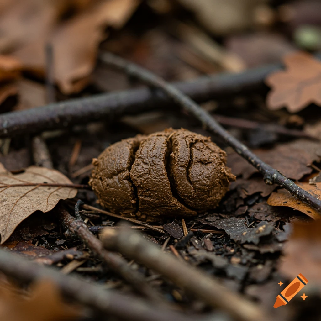Close-up of red fox scat on a forest floor among leaves and twigs.