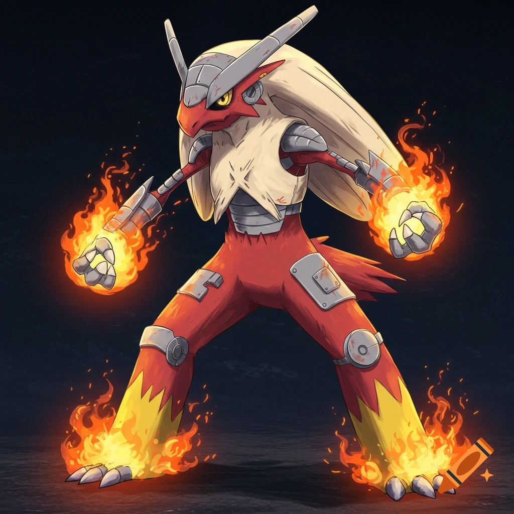 An illustration of a battle-worn Blaziken from Pok
es with metallic armor and fire effects around its hands and feet