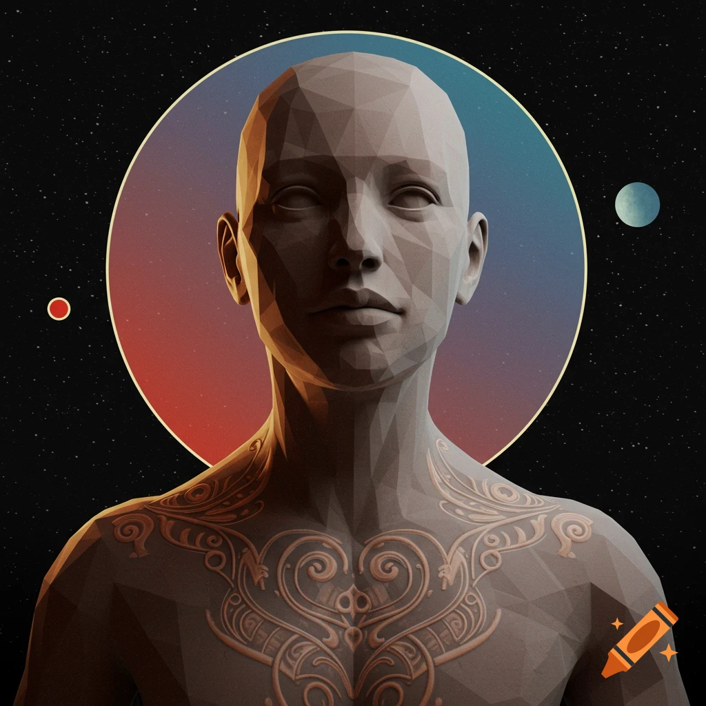 A stylized geometric human figure with ornate patterns on the chest, against a space background with planets and a large circle.