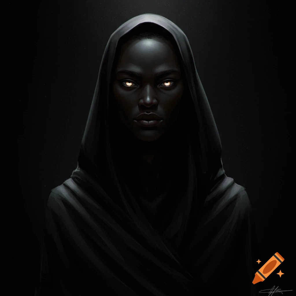 Dramatic portrait of a person in a dark hood with glowing eyes.