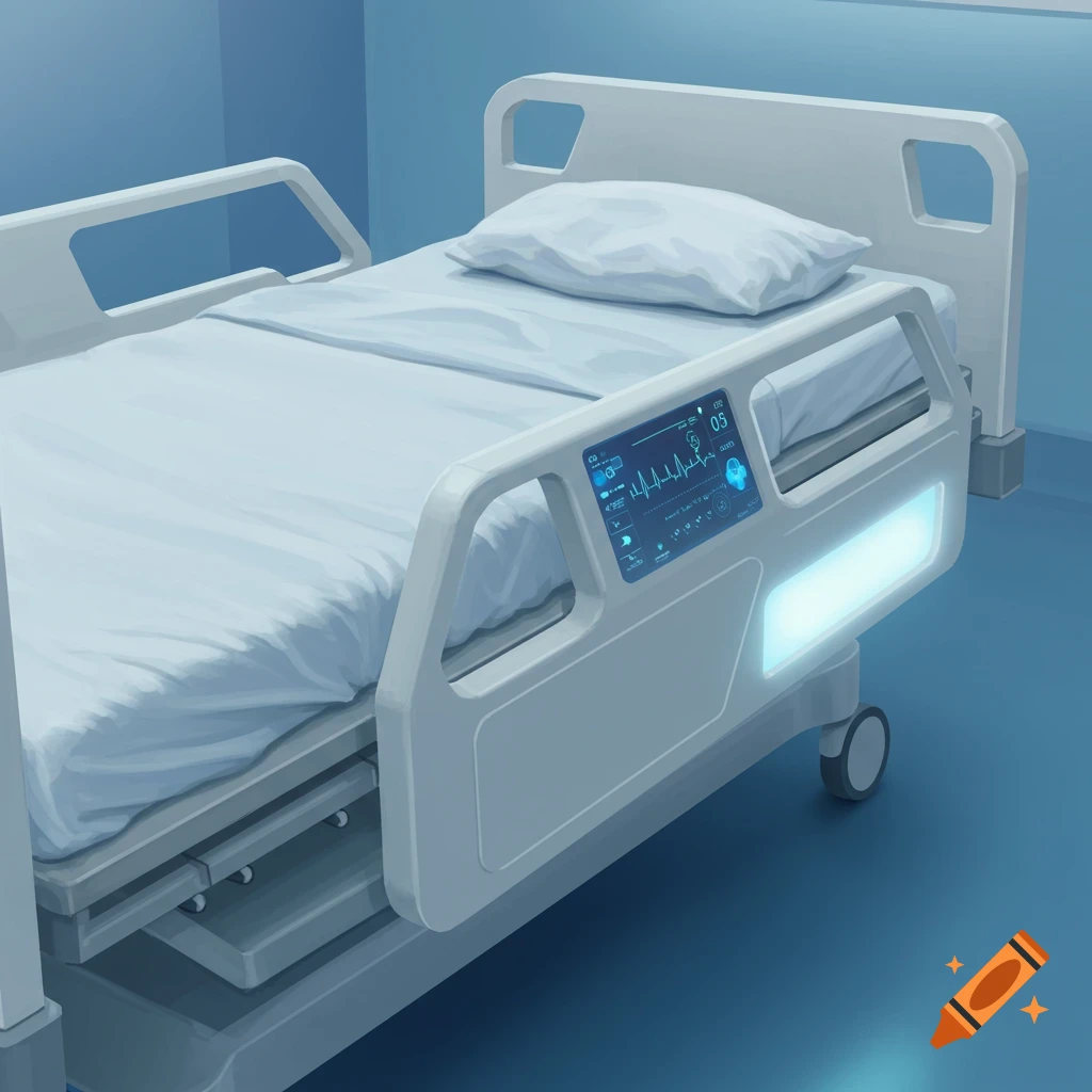 A futuristic hospital bed with a digital monitor on the side rail.